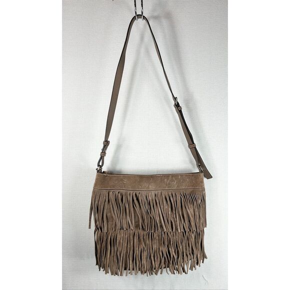 Michael Kors Billy Fringe Boho Crossbody Bag Taupe Suede Studded Western Style - Picture 12 of 16